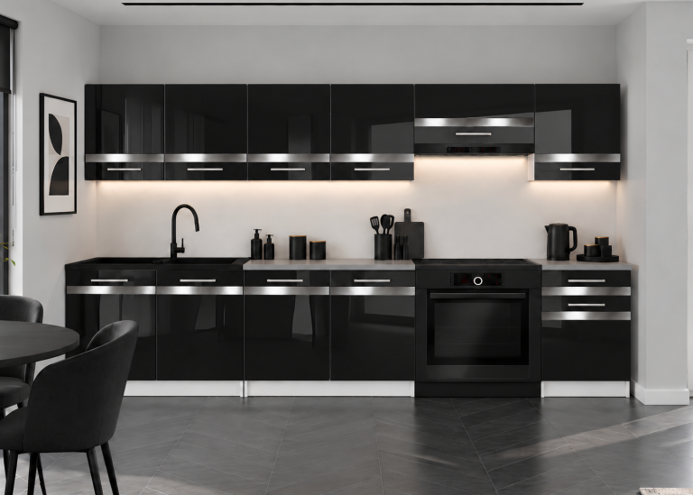 Mobilier de bucătărie Prestige 260 cm negru lucios cu blat Producător INF P Frida/0/WT/B/0/C1/SL