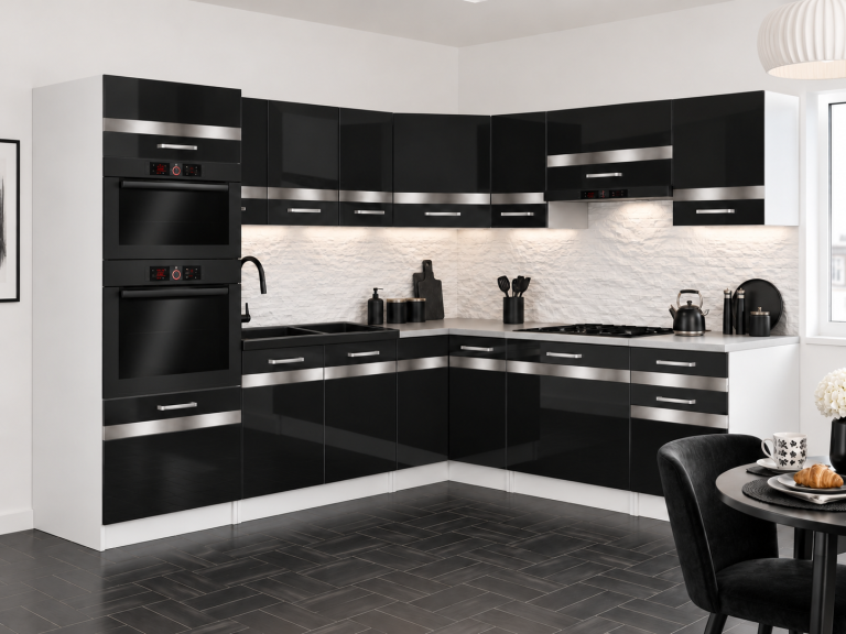 Mobilier de bucătărie Prestige 420 cm negru lucios cu blat Producător INF P Diego/0/WT/B/0/C1/SL