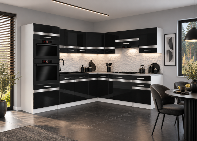 Mobilier de bucătărie Prestige 420 cm negru lucios cu blat Producător INF P Diego/0/WT/B/0/C1/SL
