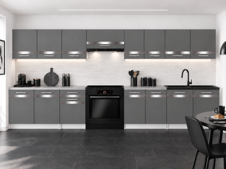 Mobilier de bucătărie Prestige 320 cm gri mat fără blat Producător TOR P Vincent/0/WT/SR/BB/C1/SL
