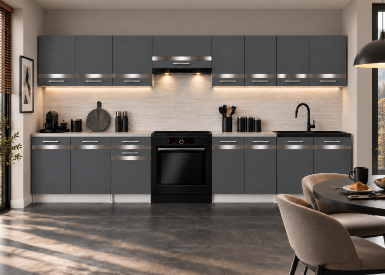 Mobilier de bucătărie Prestige 320 cm gri mat fără blat Producător TOR P Vincent/0/WT/SR/BB/C1/SL