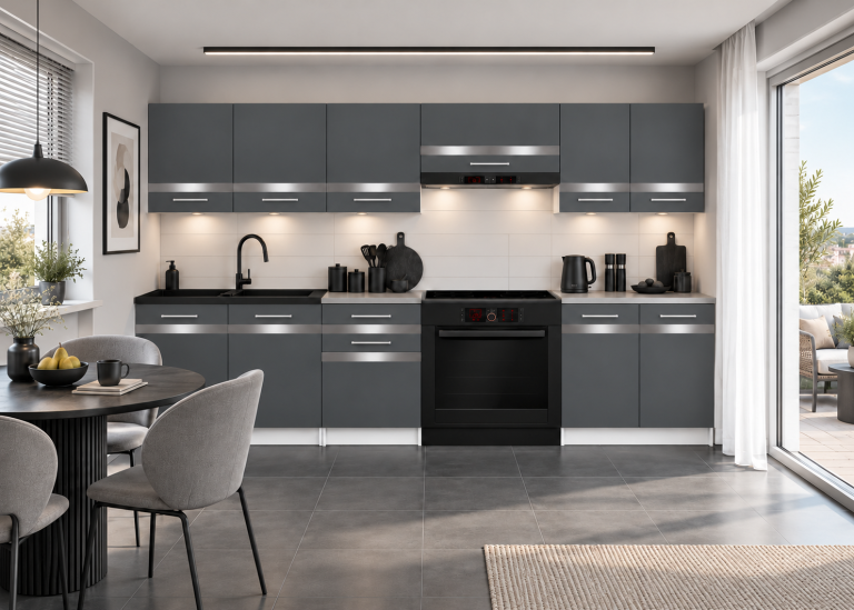 Mobilier de bucătărie Prestige 240 cm gri mat cu blat Producător TOR P Salvador/0/WT/SR/0/C1/SL