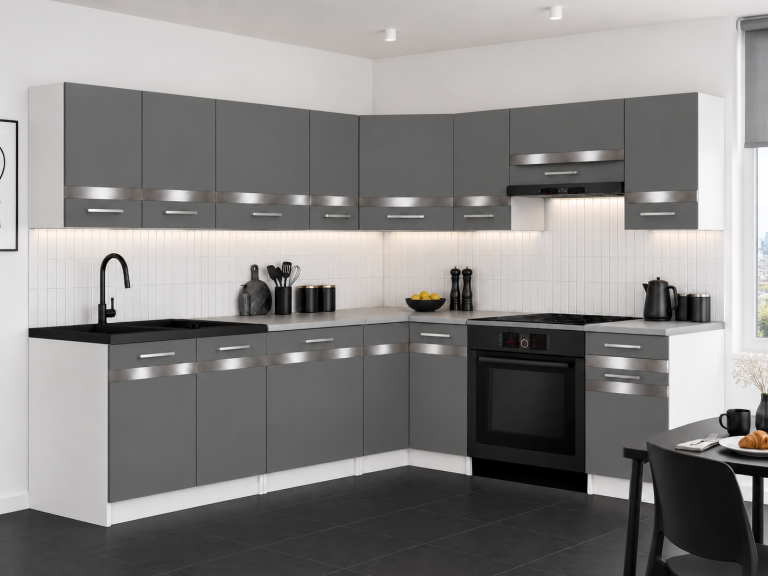 Mobilier de bucătărie Prestige 420 cm gri mat fără blat Producător TOR P Gustav/0/WT/SR/BB/C1/SL