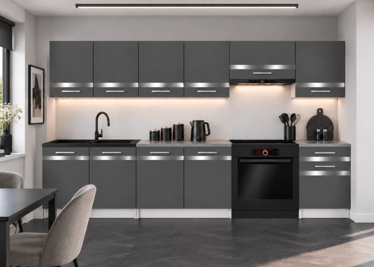 Mobilier de bucătărie Prestige 260 cm gri mat fără blat Producător TOR P Frida/0/WT/SR/BB/C1/SL