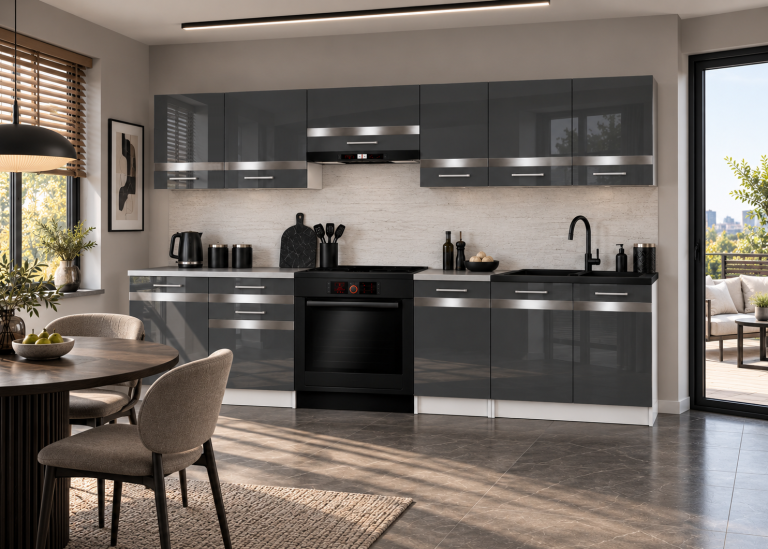 Mobilier de bucătărie Prestige 240 cm gri lucios fără blat Producător INF P Salvador/0/WT/S/BB/C1/SL