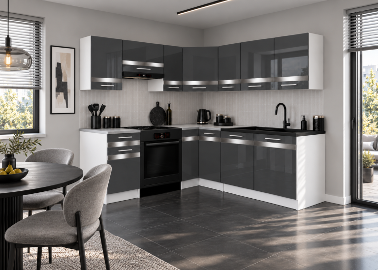 Mobilier de bucătărie Prestige 360 cm gri lucios fără blat Producător INF P Pablo/0/WT/S/BB/C1/SL