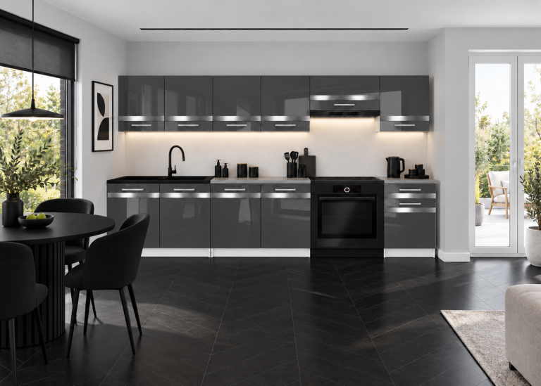 Mobilier de bucătărie Prestige 260 cm gri lucios cu blat Producător INF P Frida/0/WT/S/0/C1/SL