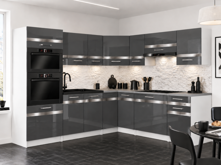 Mobilier de bucătărie Prestige 420 cm gri lucios cu blat Producător INF P Diego/0/WT/S/0/C1/SL