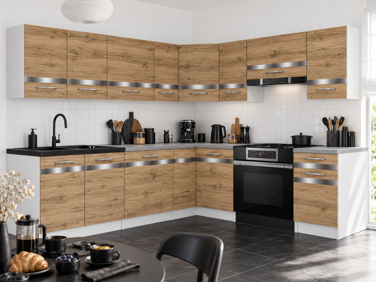 Mobilier de bucătărie Prestige 420 cm stejar wotan cu blat Producător TOR P Gustav/0/WT/DW/0/C1/SL