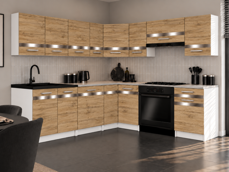 Mobilier de bucătărie Prestige 420 cm stejar wotan cu blat Producător TOR P Gustav/0/WT/DW/0/C1/SL