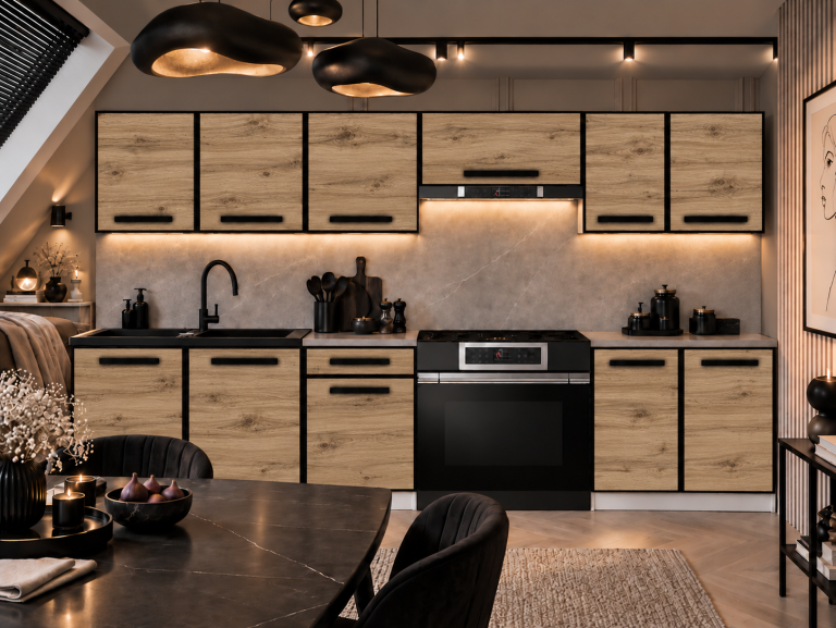 Mobilier de bucătărie Linea 240 cm stejar wotan cu blat Producător TOR P Salvador/0/WT/DW/0/A1