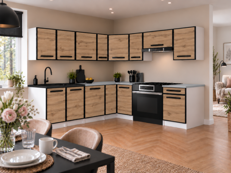 Mobilier de bucătărie Linea 420 cm stejar wotan fără blat Producător TOR L Gustav/0/WT/DW/BB/A1