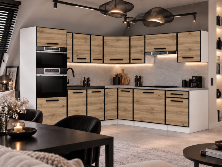 Mobilier de bucătărie Linea 420 cm stejar wotan cu blat Producător TOR L Diego/0/WT/DW/0/A1