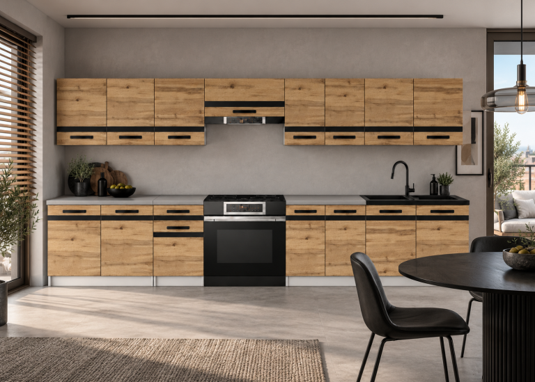 Mobilier de bucătărie Prestige 320 cm stejar wotan fără blat Producător TOR P Vincent/0/WT/DW/BB/A1/CM
