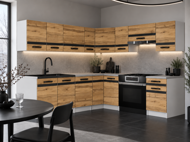 Mobilier de bucătărie Prestige 420 cm stejar wotan cu blat Producător TOR P Gustav/0/WT/DW/0/A1/CM