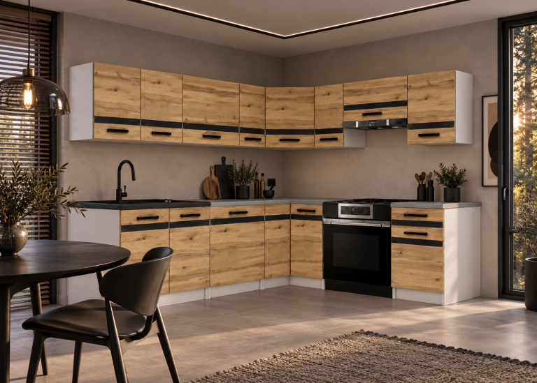 Mobilier de bucătărie Prestige 420 cm stejar wotan cu blat Producător TOR P Gustav/0/WT/DW/0/A1/CM