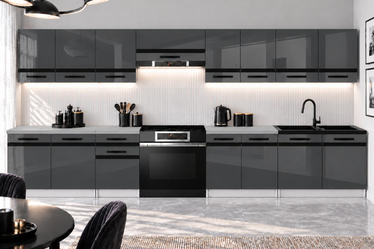 Mobilier de bucătărie Prestige 320 cm gri lucios cu blat Producător INF P Vincent/0/WT/S/0/A1/CM