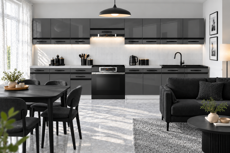 Mobilier de bucătărie Prestige 320 cm gri lucios cu blat Producător INF P Vincent/0/WT/S/0/A1/CM