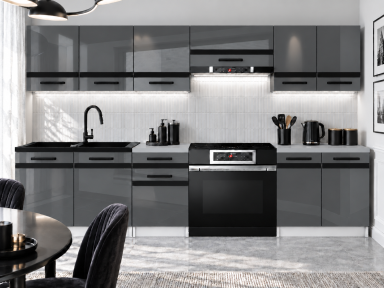 Mobilier de bucătărie Prestige 240 cm gri lucios cu blat Producător INF P Salvador/0/WT/S/0/A1/CM