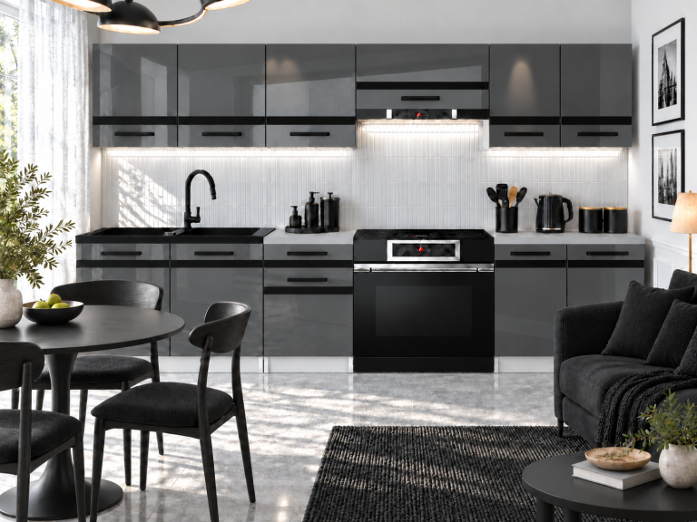 Mobilier de bucătărie Prestige 240 cm gri lucios cu blat Producător INF P Salvador/0/WT/S/0/A1/CM