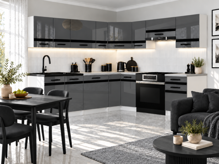  Mobilier de bucătărie Prestige 420 cm gri lucios cu blat Producător TOR P Gustav/0/WT/S/0/A1/CM