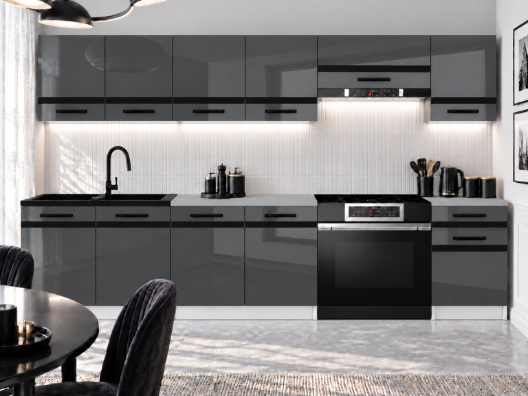  Mobilier de bucătărie Prestige 260 cm gri lucios cu blat Producător INF P Frida/0/WT/S/0/A1/CM
