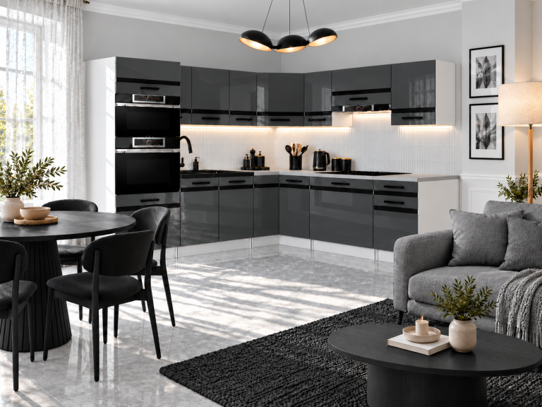 Mobilier de bucătărie Prestige 420 cm gri lucios cu blat Producător INF P Diego/0/WT/S/0/A1/CM