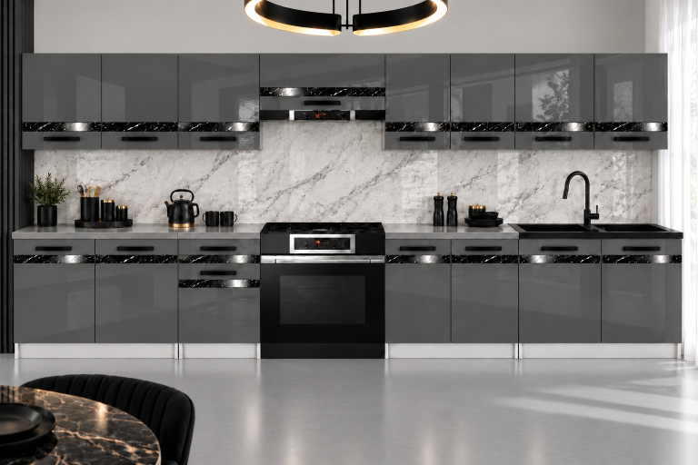 Mobilier de bucătărie Prestige 320 cm gri lucios fără blat Producător INF P Vincent/0/WT/S/BB/A1/CS