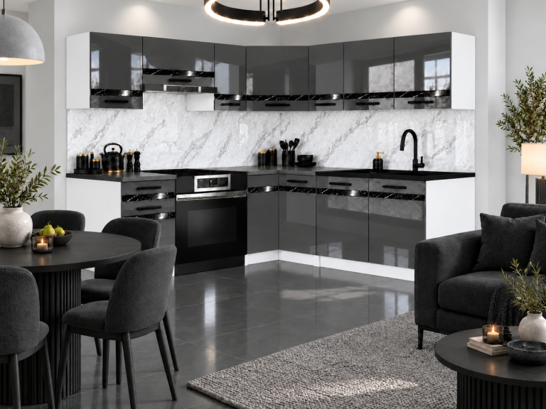 Mobilier de bucătărie Prestige 360 cm gri lucios cu blat Producător INF P Pablo/0/WT/S/0/A1/CS