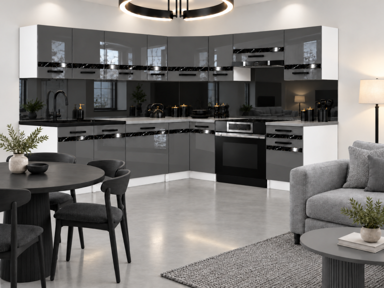  Mobilier de bucătărie Prestige 420 cm gri lucios cu blat Producător TOR P Gustav/0/WT/S/0/A1/CS
