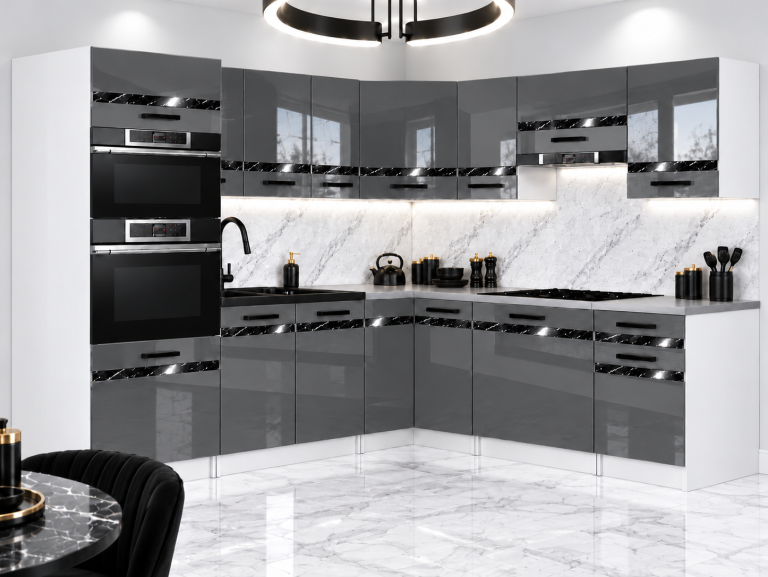 Mobilier de bucătărie Prestige 420 cm gri lucios cu blat Producător INF P Diego/0/WT/S/0/A1/CS