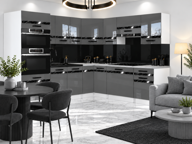 Mobilier de bucătărie Prestige 420 cm gri lucios cu blat Producător INF P Diego/0/WT/S/0/A1/CS