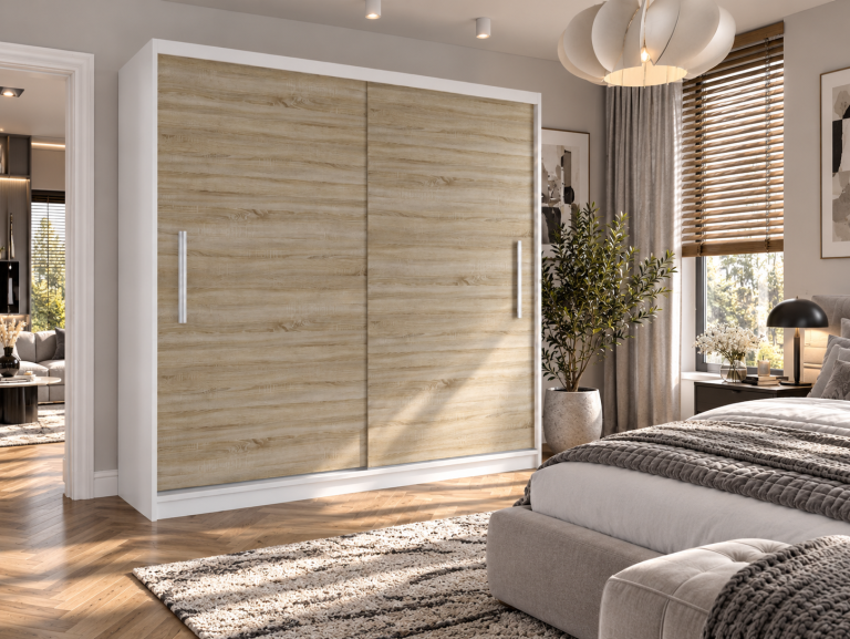 Dressing  200 cm Belini alb mat / stejar sonoma cu usi glisante SI SZP1/2/W/DS/0/AL